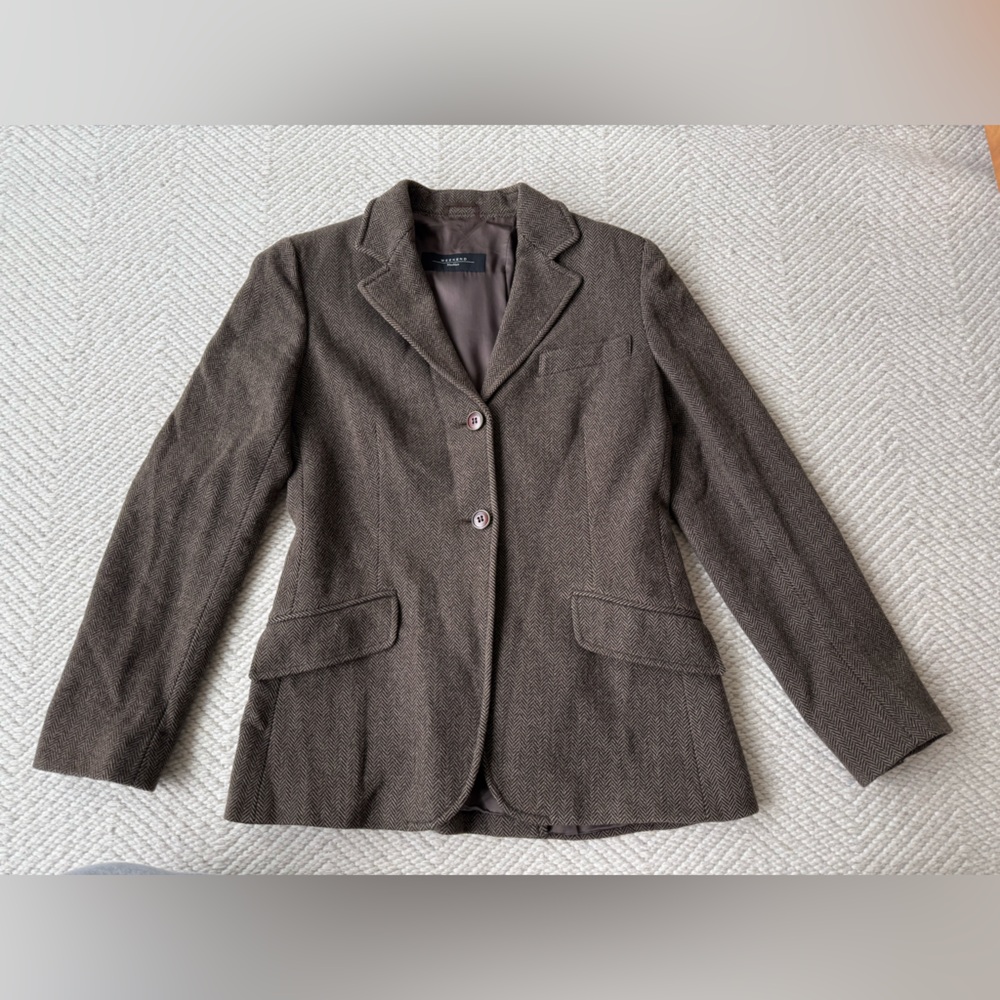MaxMara Weekend Blazer Dark Brown Chevron Tweed 100% Virgin Wool Blazer sz 6